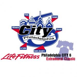 A depiction of the Philadelphia skyline that says "City 6" and contains the names of the participating universities: Temple, Penn, Drexel, Villanova, LaSalle, and St. Joe"s
