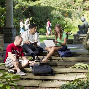 Students study in the Ambler Campus gardens.
