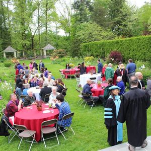Students, faculty, staff and parents enjoy the gardens during the Graduation Reception at Temple Ambler.