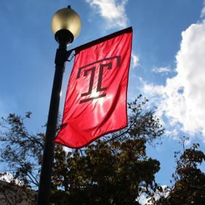 A view of the fall sun through the Temple T flag.