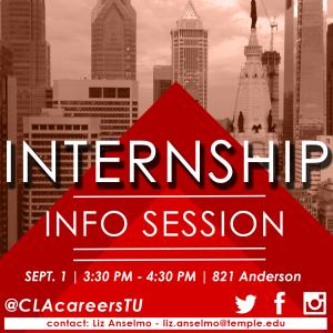 Internship Information Session to be held on September 1 at 3:30 PM in room 821 Anderson Hall
