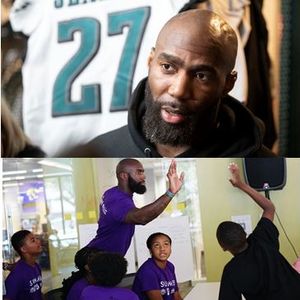 Collage: Top left Malcolm Jenkins in front of his football jersey; bottom left Malcolm Jenkins about to high five a child in a classroom