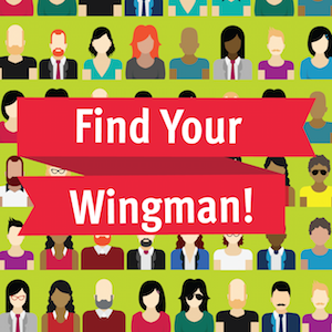 Cartoon thumbnail image of a diverse group of people with ribbon that reads, "Find Your Wingman!"