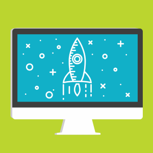 Cartoon thumbnail image of desktop computer displaying a picture of a rocket in outerspace.