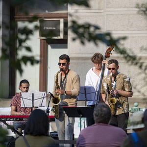 Photo of jazz musicians performing outside at Dilworth Park, Center City, Phila.