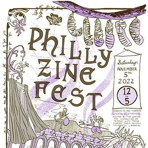 image of the words zine fest over a paisley grey and white artistic scene