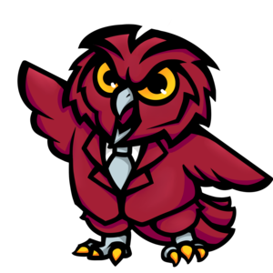 red owl in a suit with arms raised