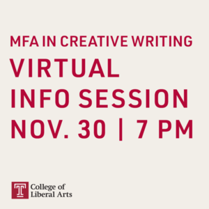 image of virtual info session details; red text text over beige background