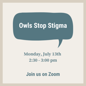 "Owls stop stigma" in a speech bubble with event information.