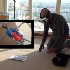 man with virtual reality glasses exploring human body