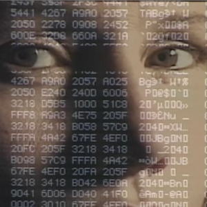 womans face with codes on top