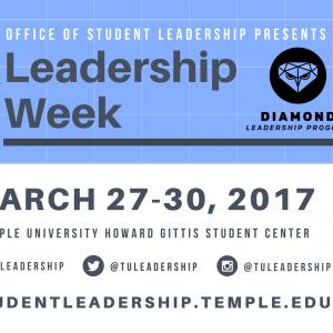 Leadership week in black text on a purple background next to the diamond leadership program logo