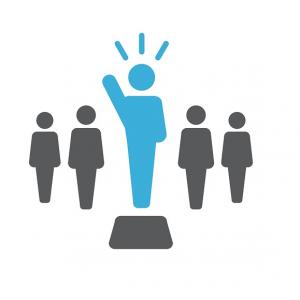 a clipart image of a group of people with a leader standing on a platform waving