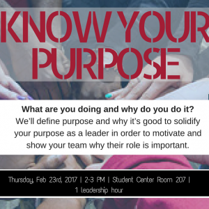 Know Your Purpose in red text in all caps with the event description below. The background is image of a group of students doing a handshake. 