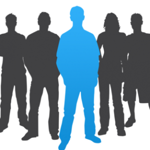 Clipart of a group of people standing with one person in front as the leader. 