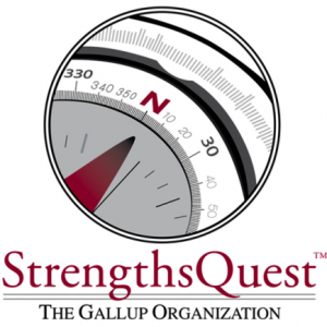 The StrengthsQuest compass pointing north with StrengthsQuest written under it in red. 