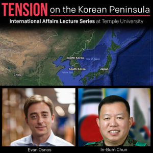 Text reads "Tension on the Korean Peninsula". Photo shows map of Korea with speaker headshots
