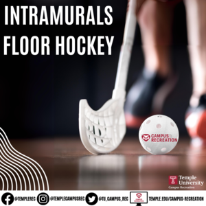 Floor hockey stick and floor hockey ball on the ground.