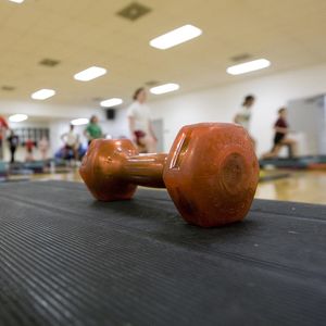 A close up of a weight during a Group Fitness Session.