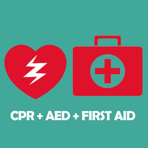 A red heart logo and a red AED logo on a Teal background with the text CPR + AED + FIRST AID