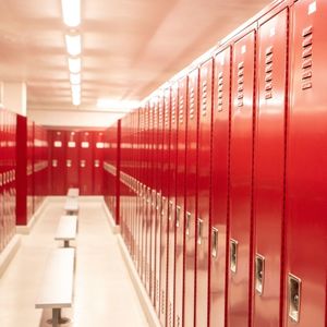 The red lockers in the locker rooms of Pearson and McGonigle Halls