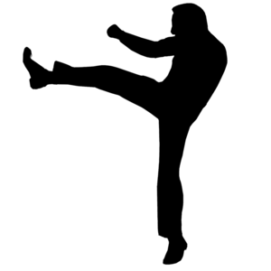 A silhouette of a person kicking.