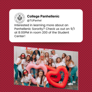 Picture set up like a tweet with text about the event: 9/1 at 8pm in room 200 of student center, with picture of sorority women smiling under text