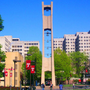 Temple Bell Tower on a sunny day with students in front