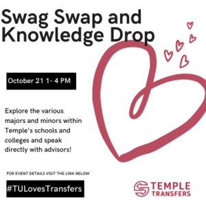 We want to be able to add to both your Temple swag collection and knowledge of resources. Attendees are encouraged to bring apparel from their previous institution to swap for a Temple T-shirt. Collected items will be donated locally.   A variety of campus resources including Career Services, Disability Resources and Services (DRS), IDEAL, Student Financial Services, Student Success Center, and the Wellness Resource Center will be present.  They'll tell you all about the services they offer and how to take 