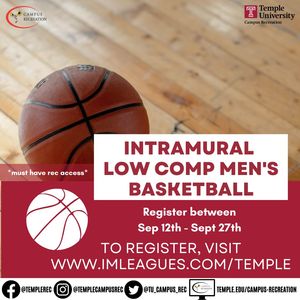 Registration for Intramural Low Competition Mens Basketball starts September 12th and ends September 27th. Must have campus rec access to register for this event. 