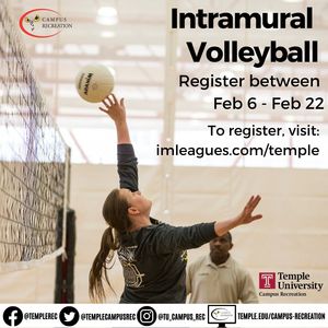 Registration for intramural volleyball February 6th to February 22nd. 