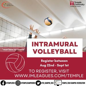 Registration for Intramural Volleyball starts August 22nd and ends September 1st. Must have campus rec access to register for this event. 
