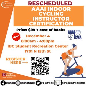 AAAI Indoor Cycling Instructor certification on December 4, 2022, at the IBC Student Rec Center from 8:00am-4:00pm. 