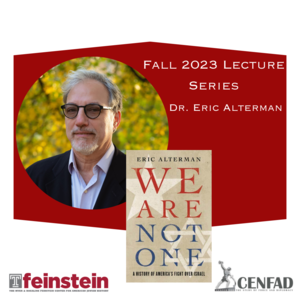 image of Eric Alterman wearing a suit with a picture of his book cover We Are Not One