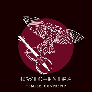 owlchestra logo; a white line drawing of an owl and a violin in front of a red circle 