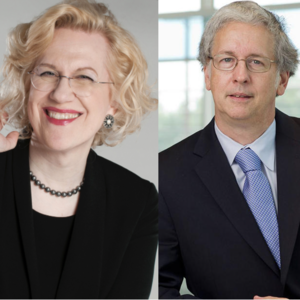 side-by-side headshots of a smiling blonde woman with glasses, and silver jewelry, and a man with gray hair, glasses, and a black suit