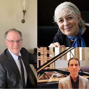 headshots of a man with gray hair, glasses, and a gray suit; a woman with white hair and a blue scarf, and a man with dark hair and a tan suit sitting at a piano