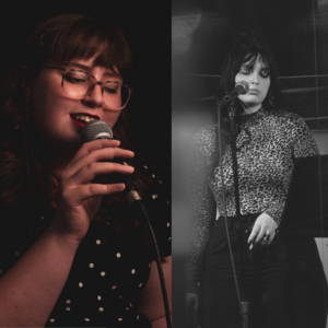 two side-by-side headshots of women singing into microphones