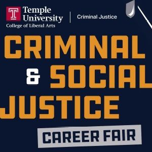 image of criminal and social justice career fair written in yellow over a blue background